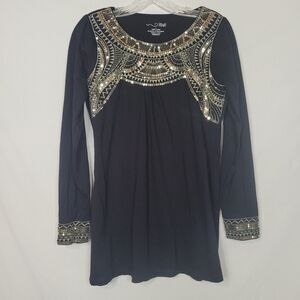 Y2K Tunic Top Mini Dress Black Aztec Womens L Embroidery Sequins Long Sleeve RXB